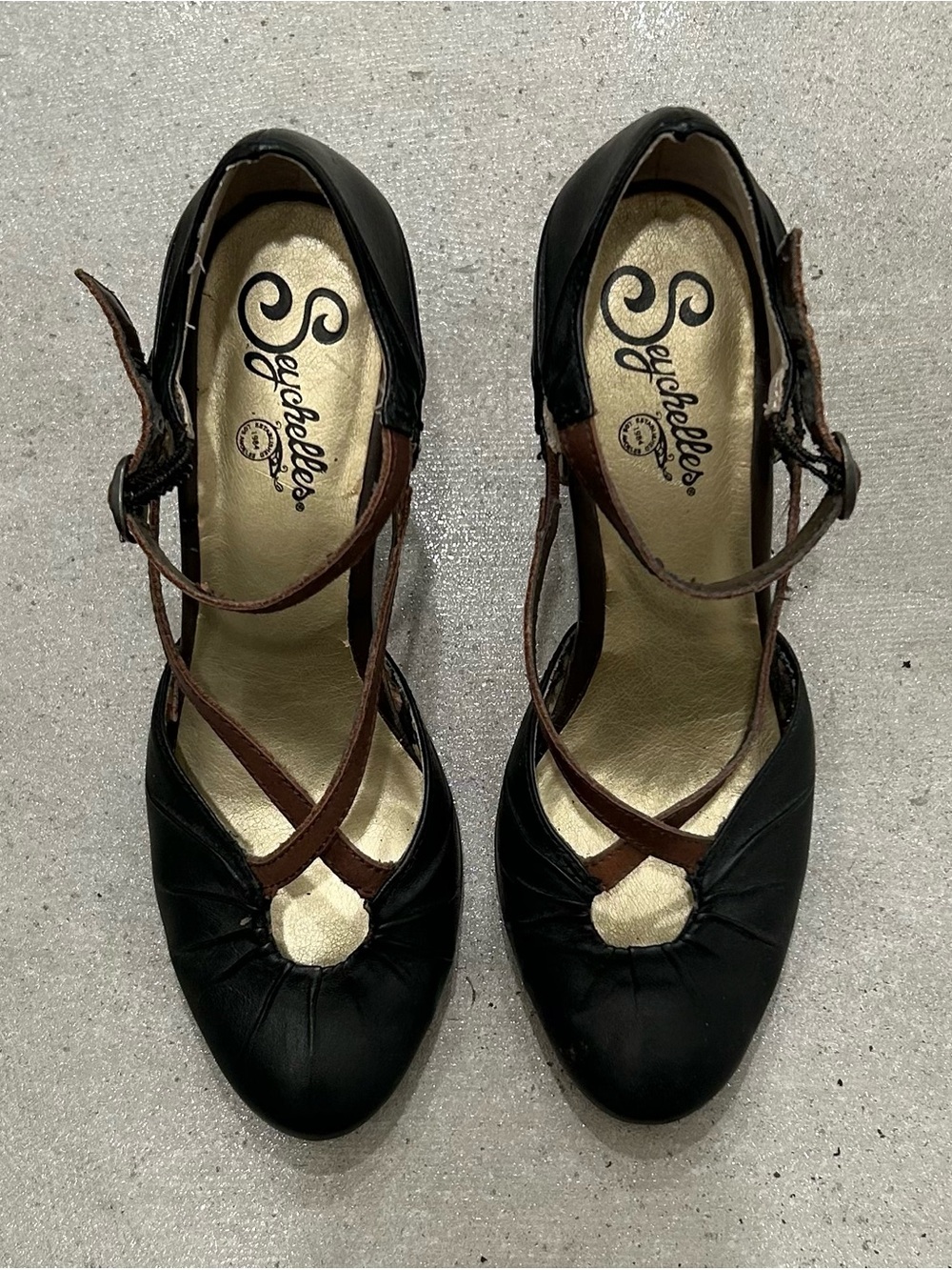 Seychelles Black High Heels with Brown Crisscross Straps